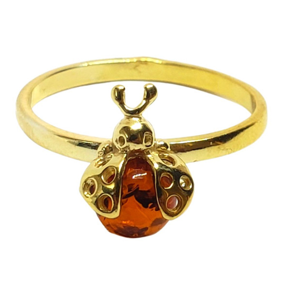 Cognac Amber Gold Plated Ladybug Ring