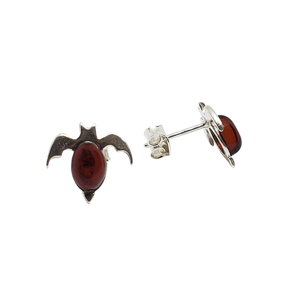 Cherry Amber Sterling Silver Bat Earrings