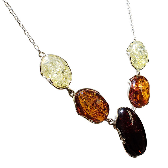 18‚Ä≥ Multi-Color Amber Sterling Silver Handmade Necklace