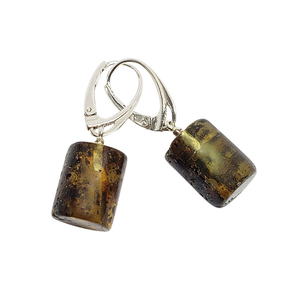 Cylinder Amber Earrings with Intense Inclusions