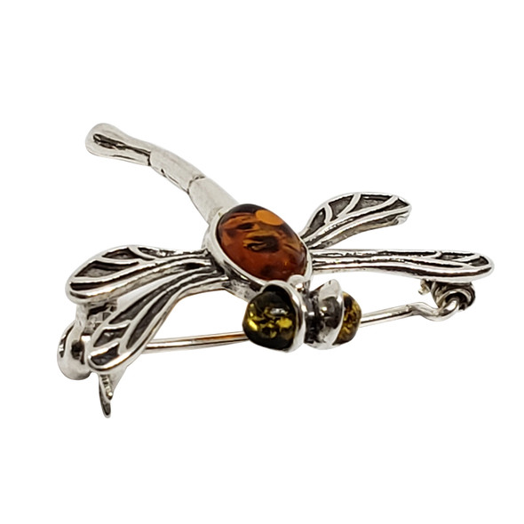 Multicolor Amber Sterling Silver Dragonfly Pin/Pendant