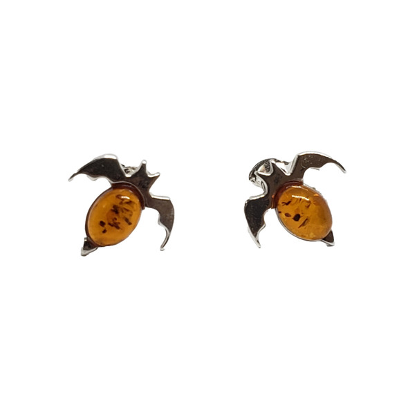 Cognac Amber Sterling Silver Bat Earrings