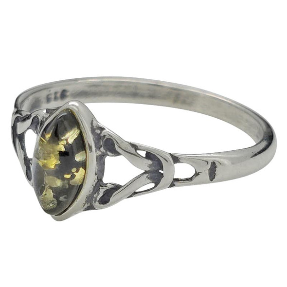 Green Amber Celtic Style Sterling Silver Ring