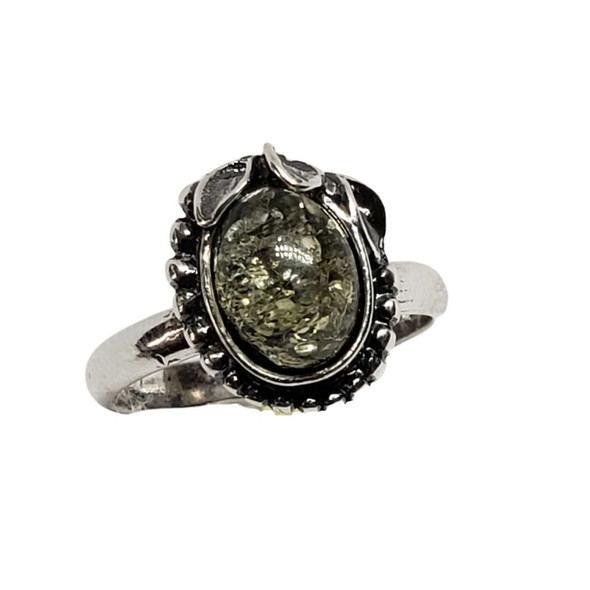 Green Amber Sterling Silver Leaf Design Ring