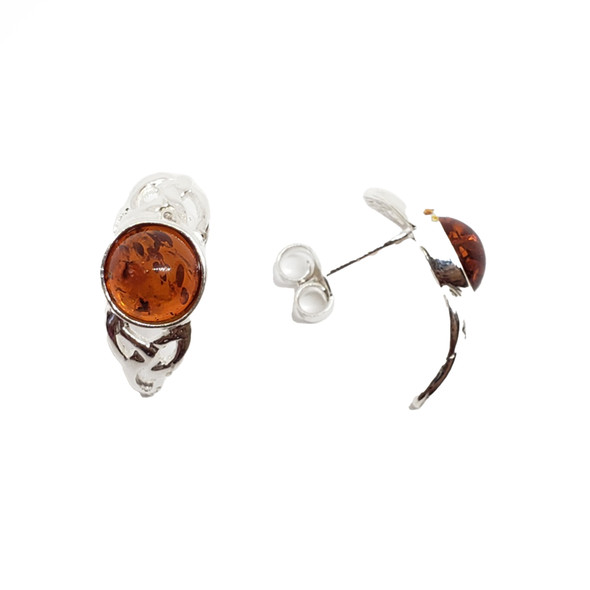 Cognac Amber Celtic Stud Earrings & .925 Sterling Silver