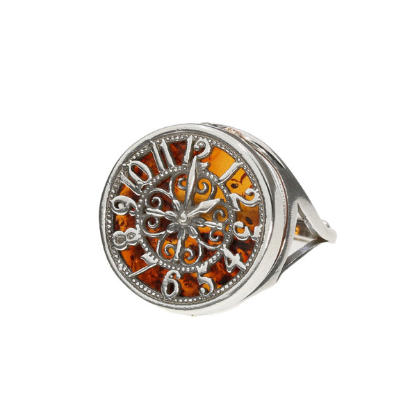 Cognac Amber Sterling Silver Clock Adjustable Ring