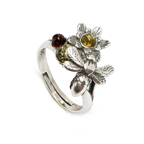 Multi-Color Amber Bee/Flower Ring