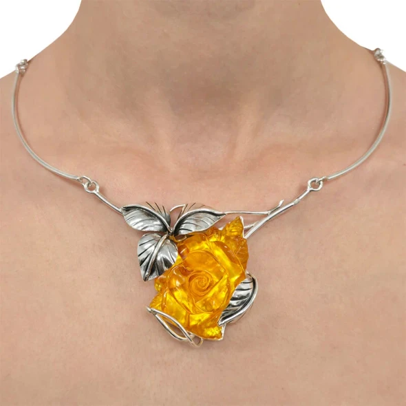 Citrine Amber Rose Handmade Sterling Silver Necklace