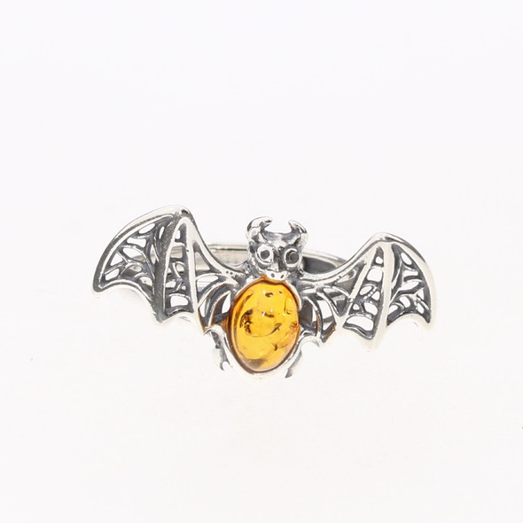 Cognac Amber Sterling Silver Bat Ring