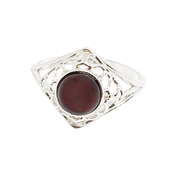 Cherry Amber Round Shape Sterling Silver Ring