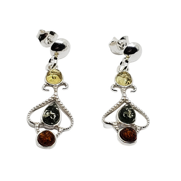 Multi-Color Baltic Amber Sterling Silver Dangle Earrings Amber Jewelry Teardrop Shape
