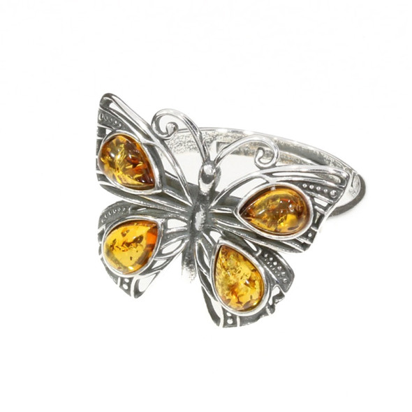 Butterfly Multicolor Amber Sterling Silver Adjustable Ring