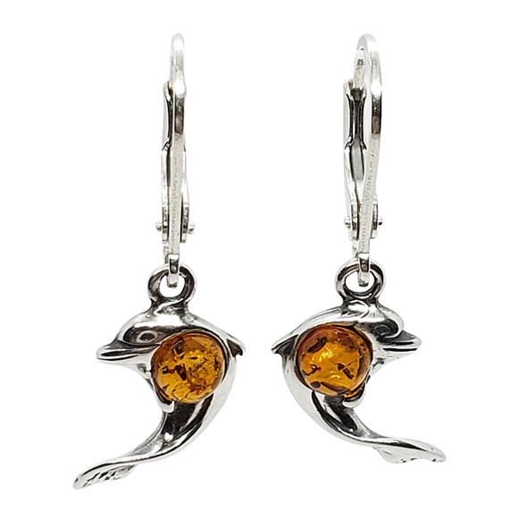 Cognac Amber Sterling Silver Dolphin Earrings