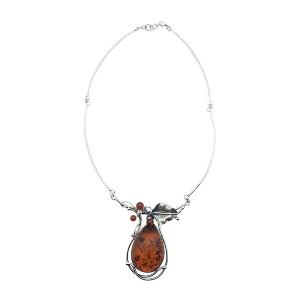 Cognac Amber Flower Design .925 Silver Necklace