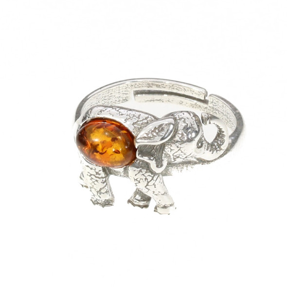Cognac Amber .925 Silver "Elephant" Adjustable Ring