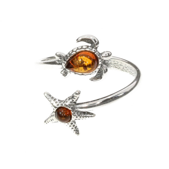Cognac Amber Starfish And Turtle Silver Adjustable Ring