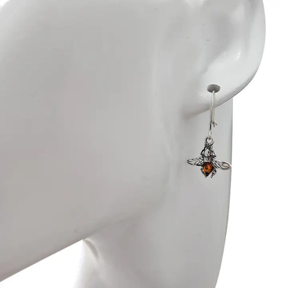 Bee Cognac Amber Silver Earrings On Hooks