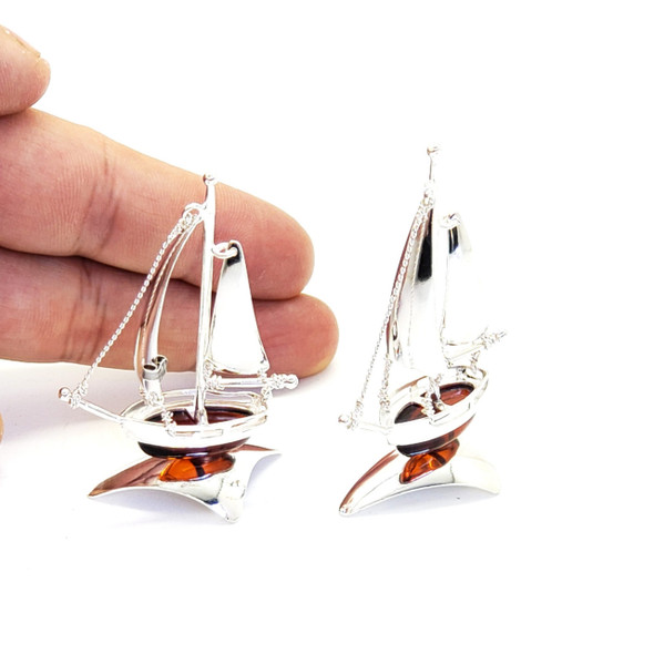 Cherry Amber Sterling Silver Boat Statuette