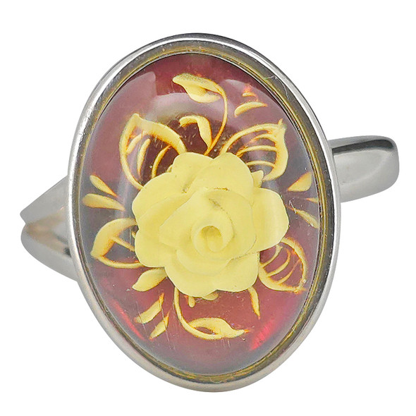 Carved Rose Amber Cameo / Intaglio Adjustable Ring
