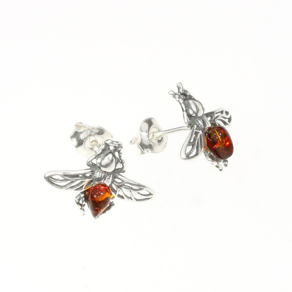 Cognac Amber Sterling Silver Elegant Bee Stud Earrings