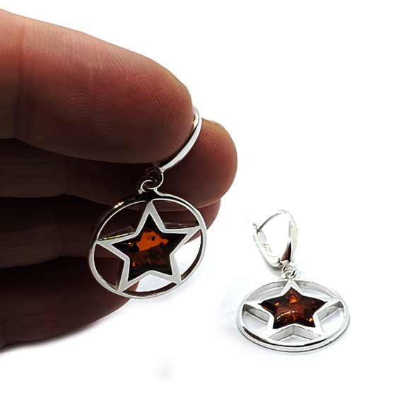 Star Cognac Amber Silver Earrings