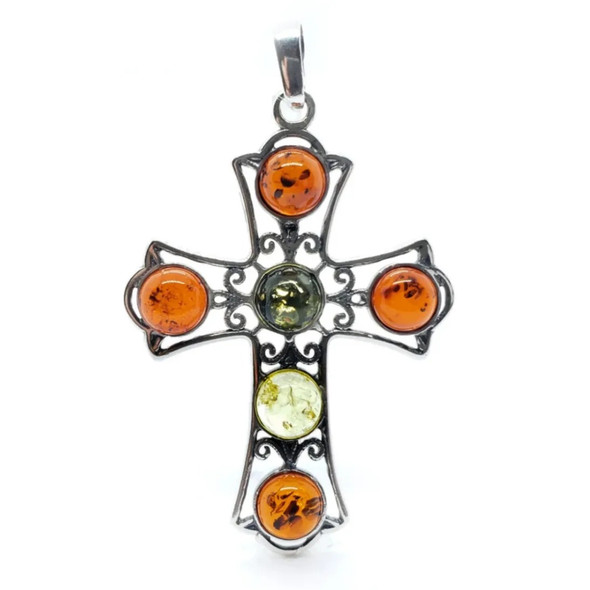 Multicolor Amber Sterling Silver Cross Pendant