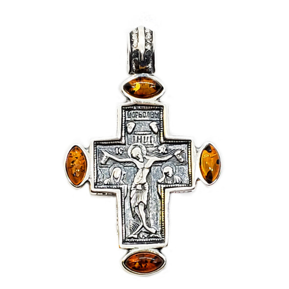 Cognac Amber Oxidized Silver Cross Pendant