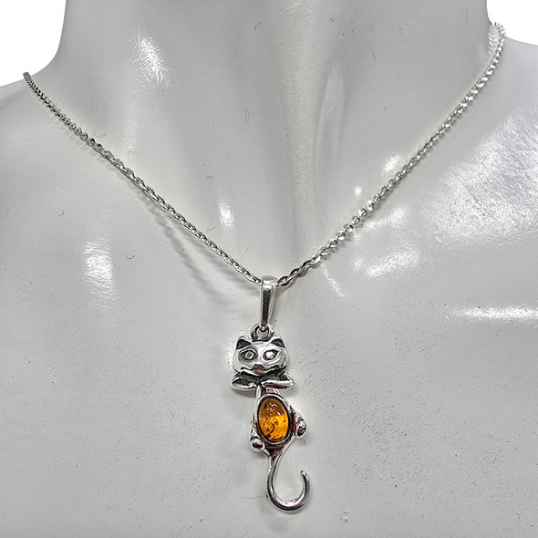Cognac Amber Sterling Silver Cat Pendant