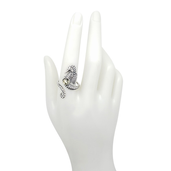 Green Amber Sterling Silver Seahorse Adjustable Ring