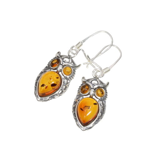 Owl Cognac Amber Sterling Silver Earrings On Hooks