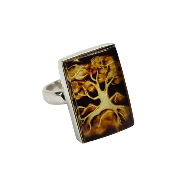 Amber Cameo / Intaglio “Tree of Life” Adjustable Ring