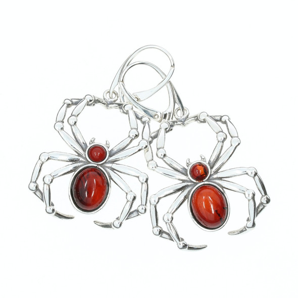 Spider Cherry Amber Sterling Silver Hook Earrings