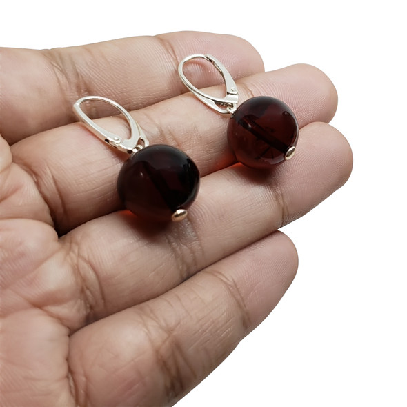 Round Cherry Amber Silver Earrings