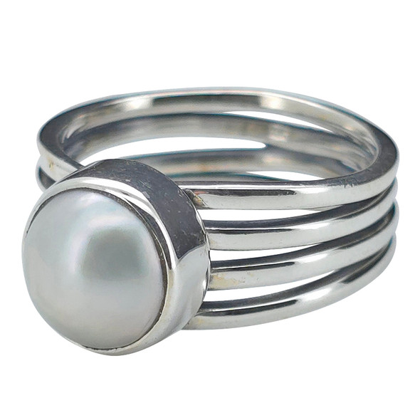 Modern Pearl Stacked Band Sterling Silver Ring