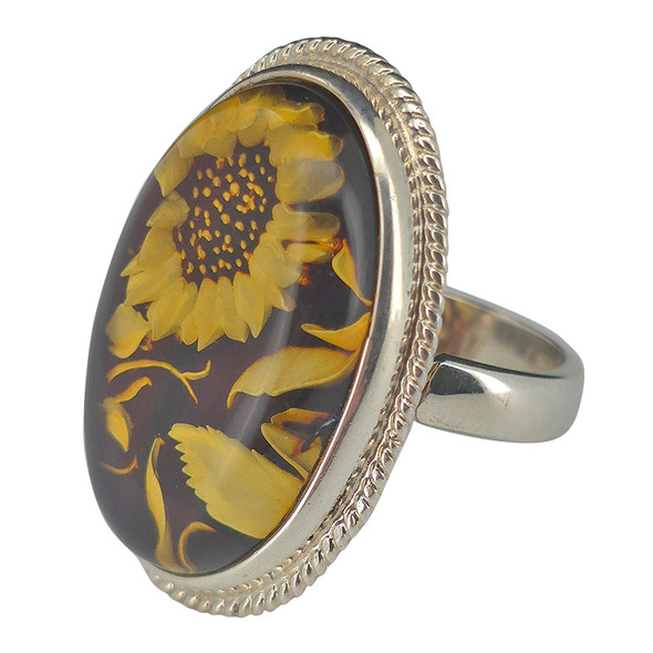 Sunflower Amber Cameo Adjustable Ring