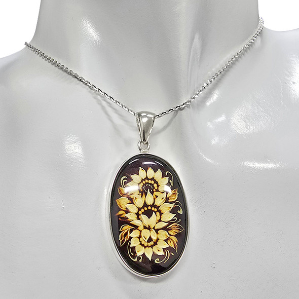 Cameo Amber Sterling Silver Sunflower Pendant (7124)