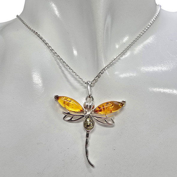 Multicolor Amber Sterling Silver Dragonfly Pendant