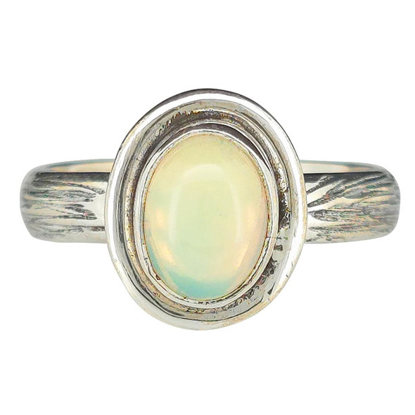 Double-Rim Oval Opal Textured Sterling Silver Ring