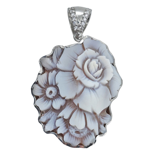 Italian Cameo Shell Sterling Silver Flower Pendant ...
