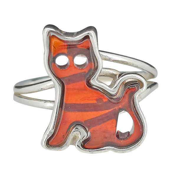 Amber Sterling Silver Cat Adjustable Ring ..