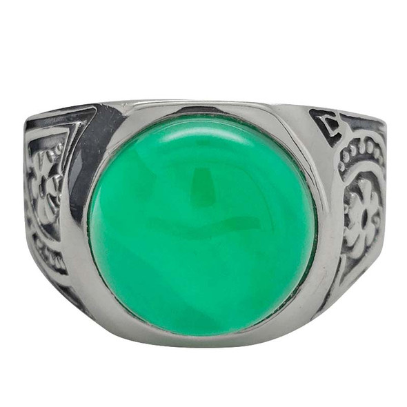 Green Onyx Round Floral Sterling Silver Unisex Ring