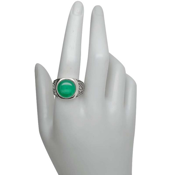 Green Onyx Round Floral Sterling Silver Unisex Ring