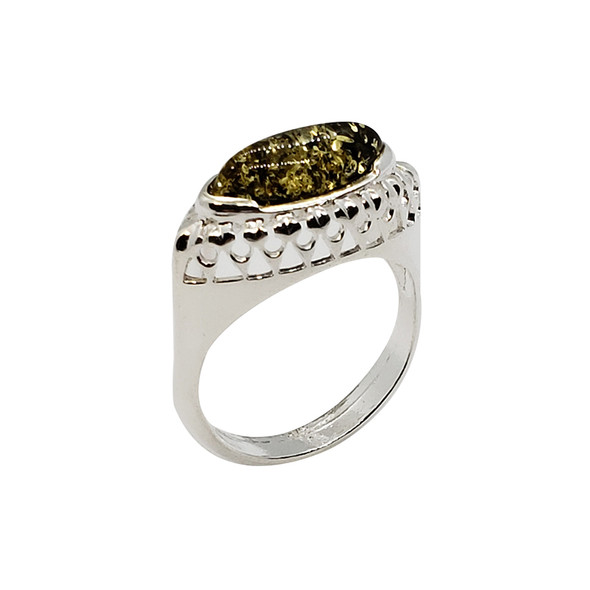 Green Amber Sterling Silver Sideways Marquise Ring