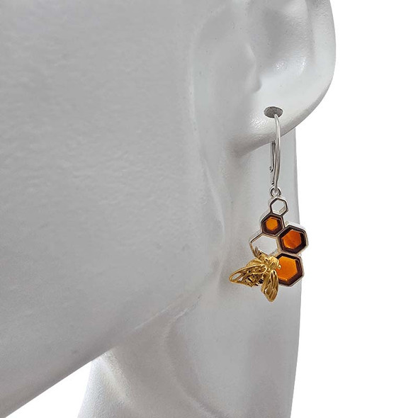 Cherry Amber Gold Plated Silver Bee Earrings On Hooks