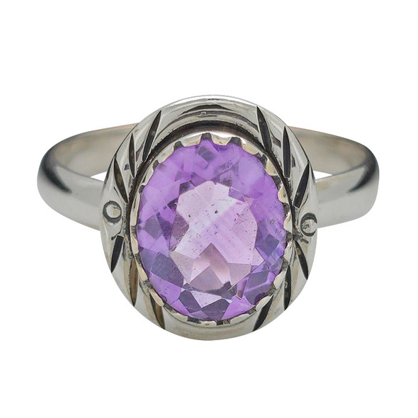 Faceted Oval Amethyst Lined Bezel Silver Ring