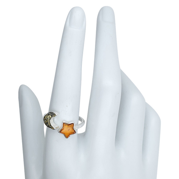 Star And Moon Multicolor Amber Adjustable Ring