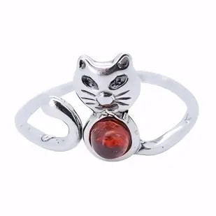 Cat Cognac Amber Sterling Silver Adjustable Ring