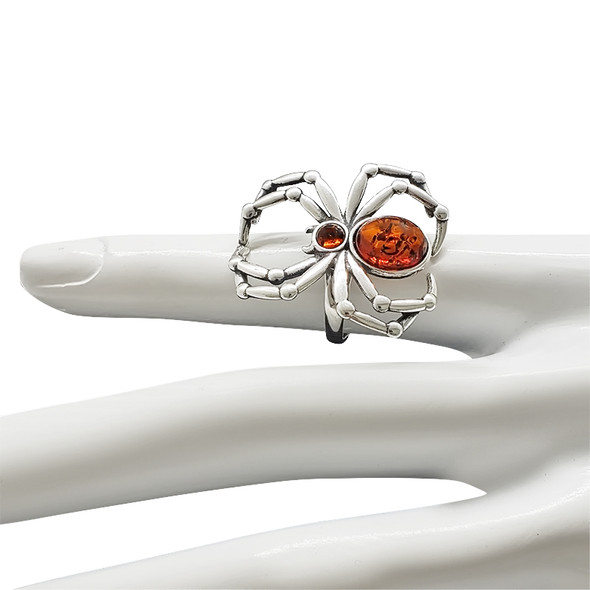 Spider Cognac Amber Sterling Silver Adjustable Ring
