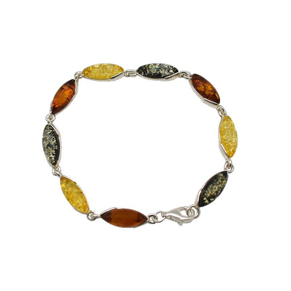 Multi-Color Amber Sterling Silver Link Bracelet (BR-MT-3869)