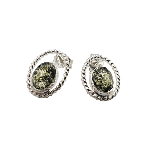 Green Amber Sterling Silver Stud Earrings